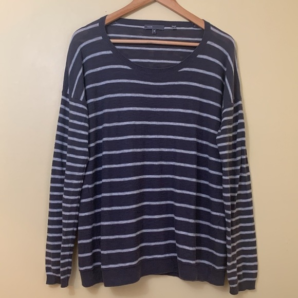 Vince Charcoal Gray Striped Lightweight 100% Cotton Round Neck Knit Top Shirt M - Picture 1 of 17